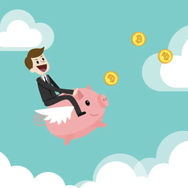 Crypto-currency market. Finance and relationships concept. Businessman is riding on a pig bank and catching Bitcoins. — Stock Vector