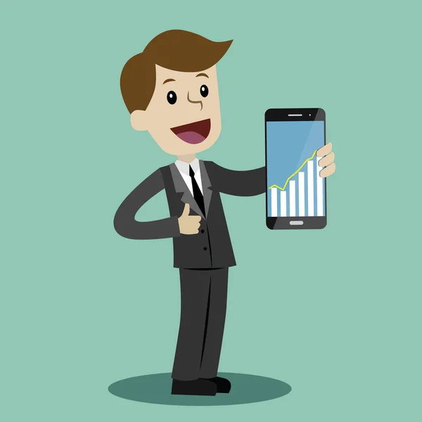 Businessman memegang smartphone dengan grafik grafik pada layar. Vektor, ilustrasi, datar - Stok Vektor