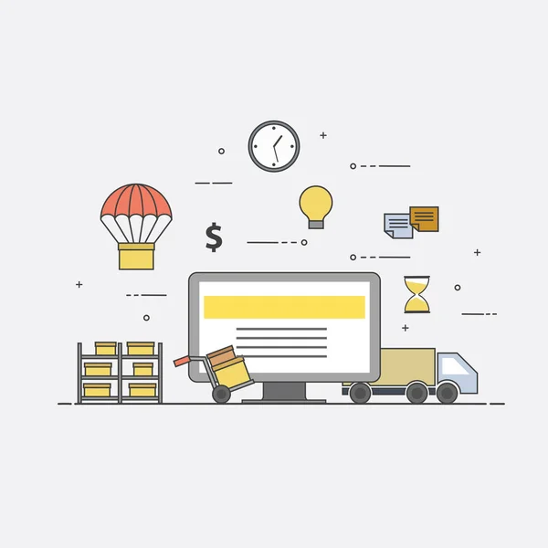 Düz renkli vektör çizim Tasarım Teslimat Servisi, e-ticaret, online alışveriş, alıcı kurye müşteri için paket için