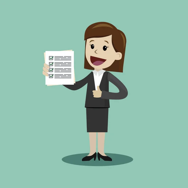 Geschäftsfrau hält Checklisten in der Hand. Zeichentrickvektorillustration — Stockvektor
