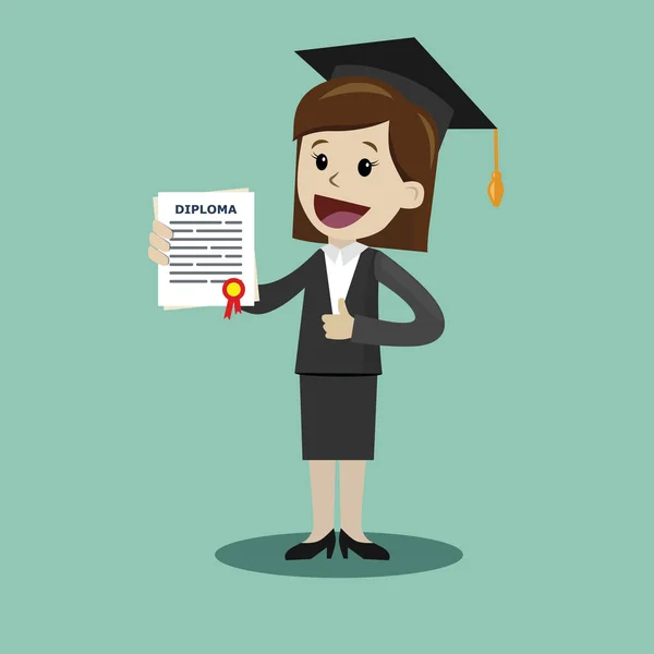 Uma mulher em um terno possuir um certificado de grau de faculdade ou escola de negócios ou diploma da universidade . — Vetor de Stock