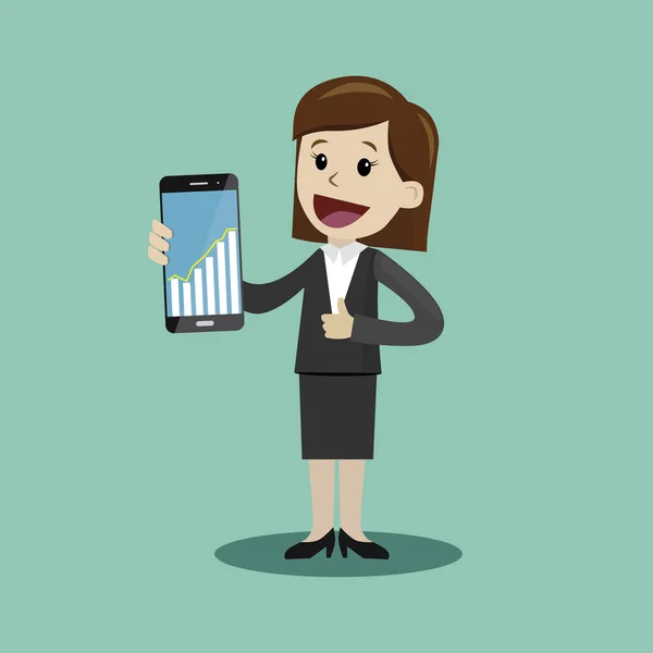 Femme d'affaires tenir un smartphone avec des graphiques graphiques sur l'écran. Vecteur, illustration, plan — Image vectorielle