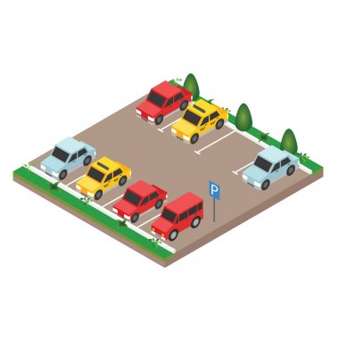 İzometrik arabalar araba park. Şehir Park vektör web afiş izometrik düz vektör tarzı. 3D izometrik Kentsel şehir Infographic kavramı düz.