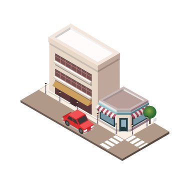 İzometrik küçük kasaba kentsel landscapecenter harita oluşturma, dükkanı ve yollar. Şehir planı, inşaat mimari vektör çizim