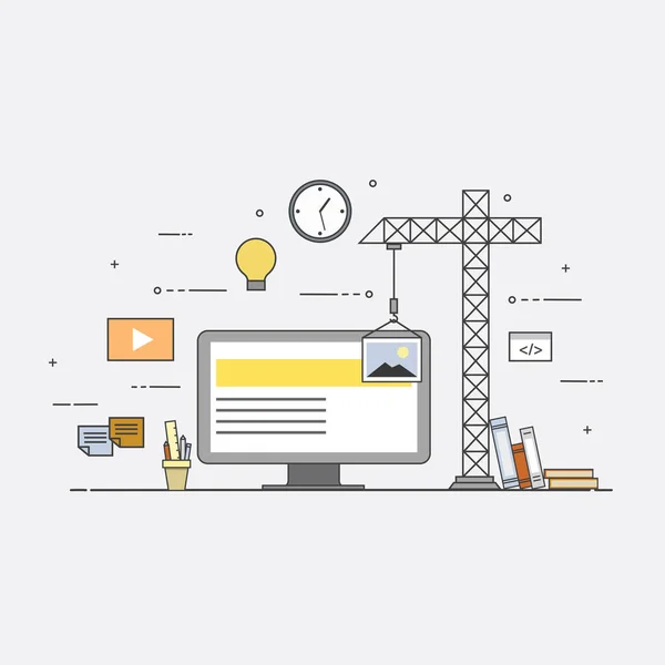 Düz mobil UI Ux tasarım web Infographic kavramı vektör. Vinç oluşturma arabirim üstünde perde. Kullanıcı arabirimi deneyimi, kullanılabilirlik, mockup, tel çerçeve geliştirme kavramı.