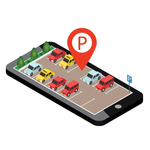 İzometrik arabalar araba park. Mobil arama. Park yeri arıyorum. 3D izometrik Kentsel şehir Infographic kavramı düz. Geo izleme. Harita