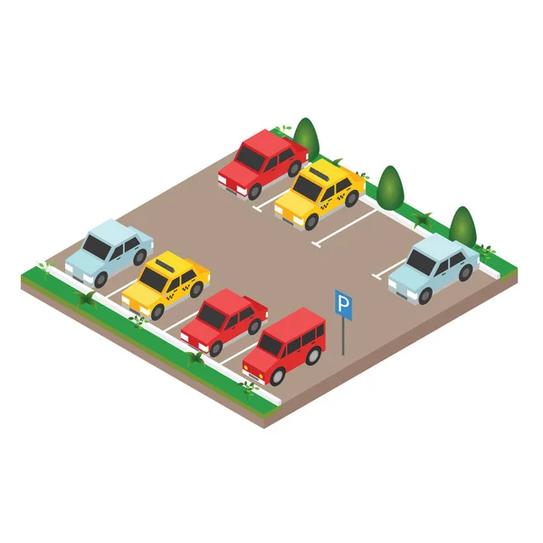 İzometrik arabalar araba park. Şehir Park vektör web afiş izometrik düz vektör tarzı. 3D izometrik Kentsel şehir Infographic kavramı düz.