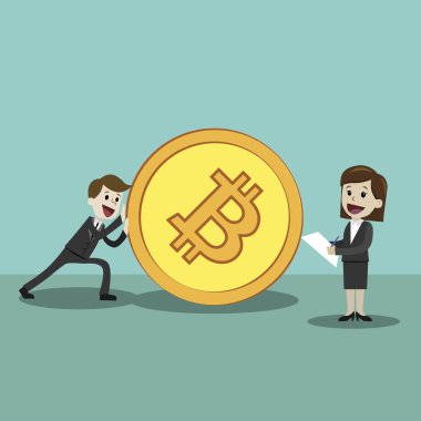 Kripto-döviz piyasasında. Mutlu başarılı iş adamı ve iş kadını büyük altın Bitcoin bastırıyor. Mutlu mana