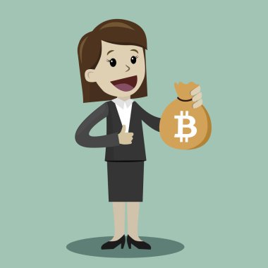 Kripto-döviz piyasasında. Şanslı işkadını veya Yöneticisi bir çanta ile Bitcoin basılı tutun. İşadamı kar var