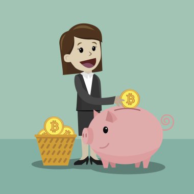 Kripto-döviz piyasasında. Finans ve ilişkiler kavramı. Bitcoins tam bir domuz banka ile iş kadını.
