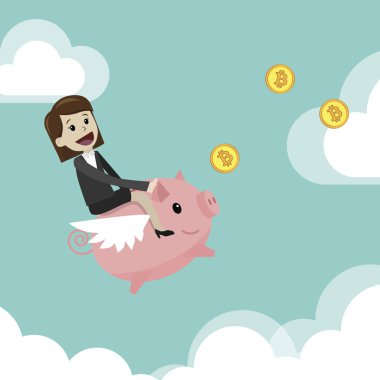 Kripto-döviz piyasasında. Finans ve ilişkiler kavramı. İş kadını bir domuz banka sürme ve Bitcoins yakalamak.