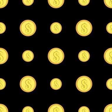 Dolar işareti seamless modeli ile altın sikke. Para simgeler siyah arka plan üzerine