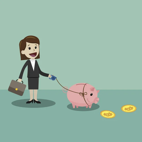 Kripto-döviz piyasasında. Finans ve ilişkiler kavramı. İş kadını bir domuz banka ile walkin ve Bitcoins için arıyorsunuz. — Stok Vektör