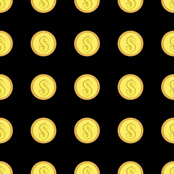 Moedas de ouro com padrão sem costura sinal de dólar. Ícones de dinheiro no fundo preto — Vetor de Stock