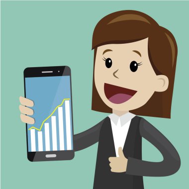 İşkadını üstünde belgili tanımlık perde smartphone grafik grafikler ile tutun. Vektör, illüstrasyon, düz