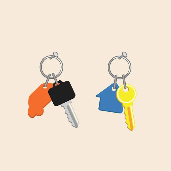 Casa e chave do carro com ícones de keyholders. Imobiliário e aluguer de carro ilustração vetor — Vetor de Stock