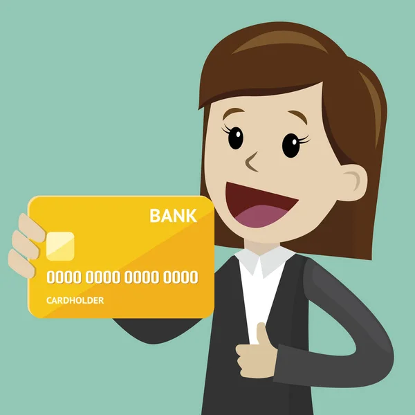 Kobieta trzyma w ręku karty kredytowej i ma zysk. Succsessful biznes. Płatności — Wektor stockowy