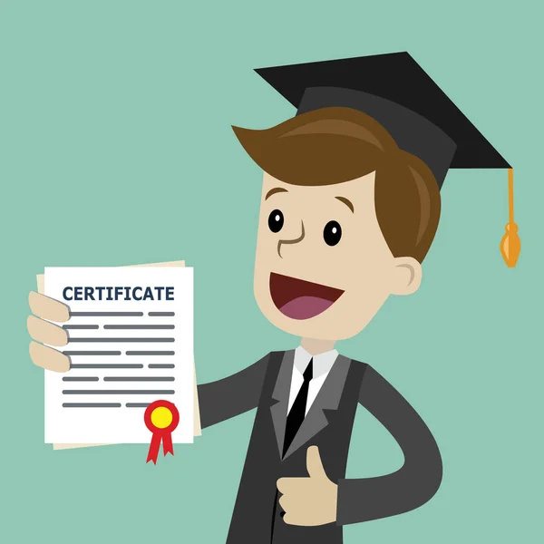 A man in a suit hold a degree certificate of college or business school or diploma of university. — Stock Vector