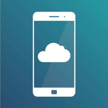 Bulut depolama. Smartphone ekran üstünde bulut kutsal kişilerin resmi. Degrade mavi zemin üzerine izole simgesi