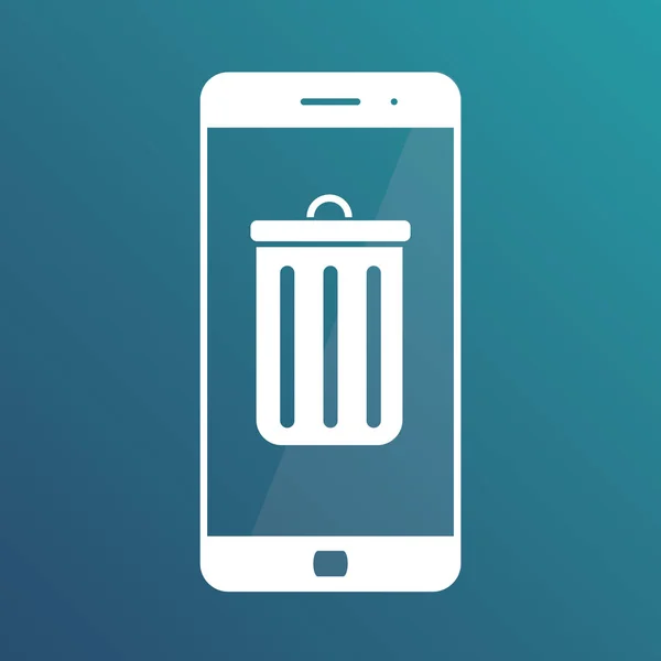 Ilustración e icono de smartphone y basura móvil. Borrar información del teléfono. Icono aislado sobre fondo azul degradado — Vector de stock