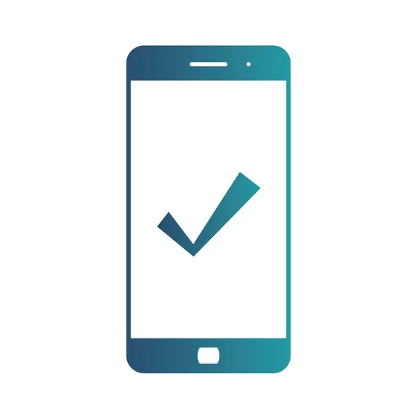 Handy-Symbol mit Kontroll-, Genehmigungs-, Fertigungs- oder Bestätigungszeichen. Vektorsymbol. isolierte Farbverlauf blaues Symbol auf weißem Hintergrund — Stockvektor