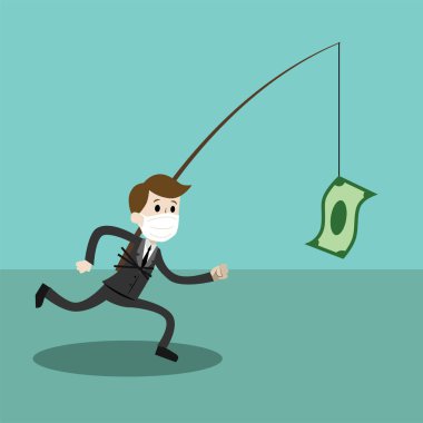 Para Coronavirüs salgını konsepti için çalışan tıbbi maskeli bir iş adamı ya da yönetici. Solunum hastalığı, virüs yayılmış..