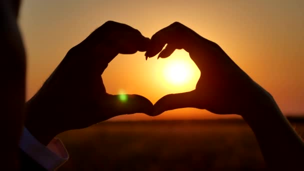 Manos formando una forma de corazón con silueta de puesta de sol. forma de las manos para el Sol. manos formando una forma de corazón con silueta de puesta de sol — Vídeo de stock