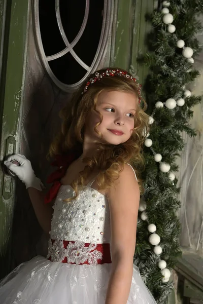 Blonde Child Curls Smart White Dress White Gloves — Stock Photo, Image