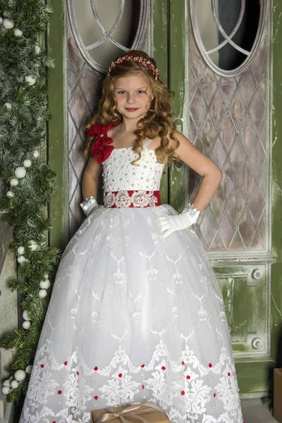 Blonde Child Curls Smart White Dress White Gloves — Stock Photo, Image