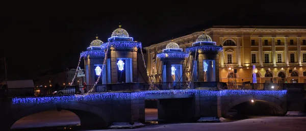 Lomonosov Brug Met Nieuwjaarsverlichting Petersburg — Stockfoto