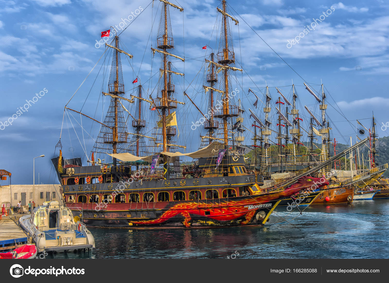 KEMER, TURKEY 11,08,2017 Tourist pirate ships in the port of Kemer