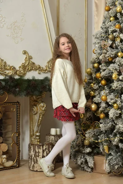 クリスマス ツリー付近猫耳の白いセーターの女の子 — ストック写真