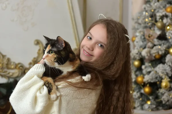Lány Hosszú Haj Egy Macska Karjában Karácsonyfa Közelében — Stock Fotó
