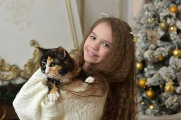 Mädchen mit langen Haaren und einer Katze auf dem Arm — Stockfoto