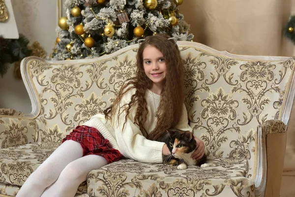 クリスマスの時に猫と肘掛け椅子の少女 — ストック写真
