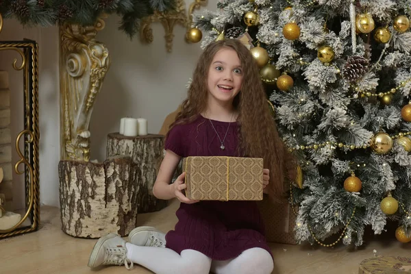 Chica Con Pelo Largo Vestido Con Regalo Las Manos Árbol —  Fotos de Stock