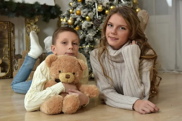 Irmã Adolescente Menino Com Ursinho Pelúcia Uma Árvore Natal Natal — Fotografia de Stock