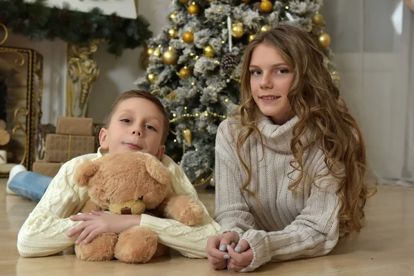 クリスマスのクリスマスツリーでテディベアを持つティーンエイジャーと少年の妹 — ストック写真