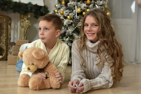 Irmã Adolescente Menino Com Ursinho Pelúcia Uma Árvore Natal Natal — Fotografia de Stock