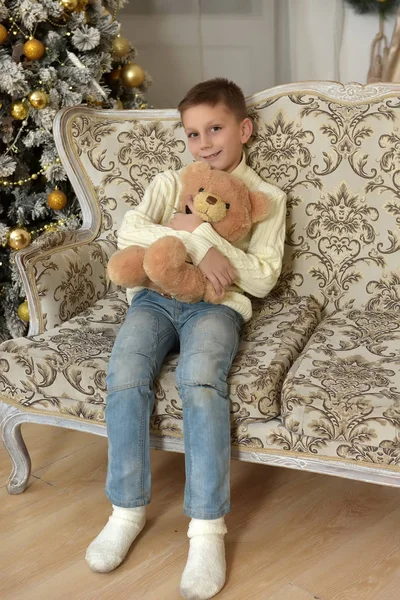 Boy Teddy Bear Christmas Tree Christmas — Stock Photo, Image