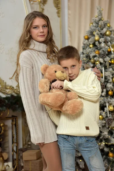 Сестра подросток и мальчик с плюшевым мишкой у елки — стоковое фото