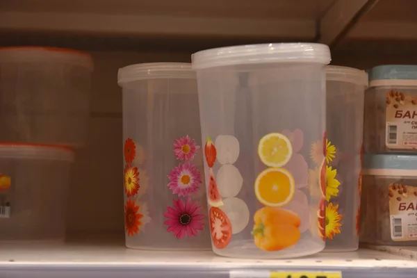 Plastic containers for food in the supermarket — Stock Photo, Image