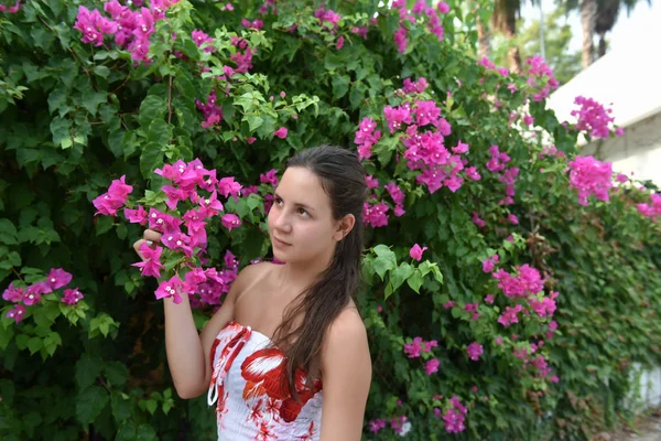 Hermosa joven morena y flores rosadas — Foto de Stock