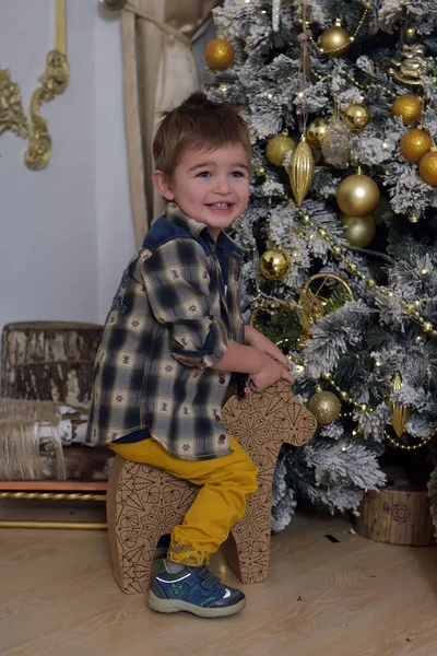 Kleiner Junge Reitet Auf Einem Papppferd Neben Dem Weihnachtsbaum — Stockfoto