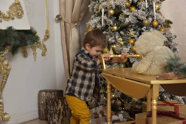 Boy Checkered Shirt Christmas Plays — Stock Photo, Image