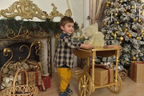 Junge im karierten Hemd zu Weihnachten — Stockfoto