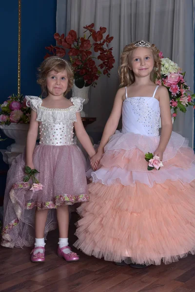 两个迷人的公主姐妹 穿着粉红色的礼服 — 图库照片