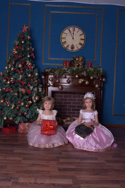 Duas Irmãs Branco Com Vestido Rosa Sentado Com Presentes Mãos — Fotografia de Stock