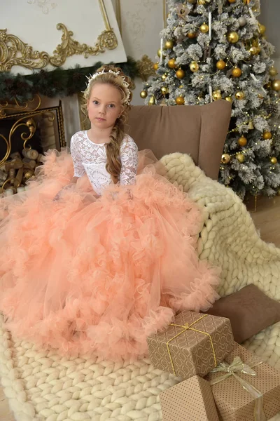 Retrato de una princesa en un exuberante vestido de melocotón — Foto de Stock