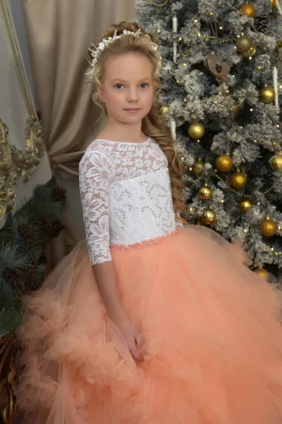 Portréja egy hercegnő az egy buja peach öltöztetős — Stock Fotó